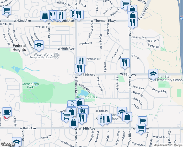map of restaurants, bars, coffee shops, grocery stores, and more near 1353 West 88th Avenue in Thornton