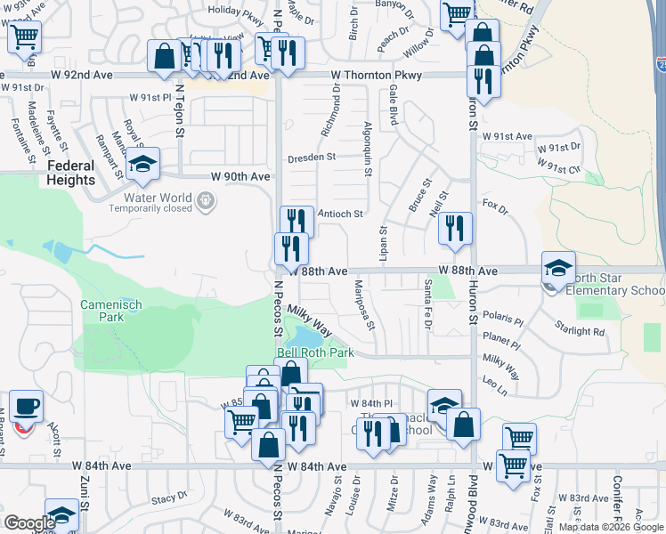 map of restaurants, bars, coffee shops, grocery stores, and more near 1353 West 88th Avenue in Thornton