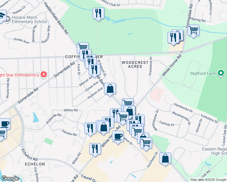 map of restaurants, bars, coffee shops, grocery stores, and more near 501 Haddonfield-Berlin Road in Voorhees Township