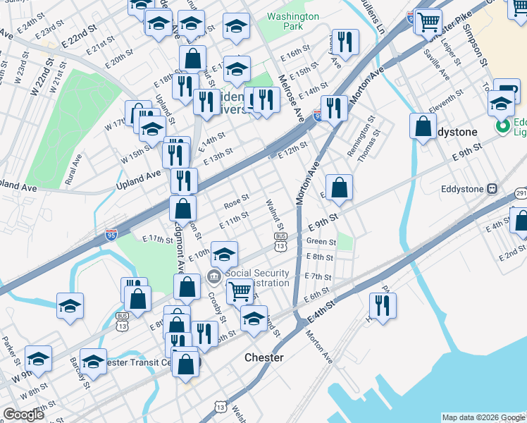 map of restaurants, bars, coffee shops, grocery stores, and more near 541 East 11th Street in Chester