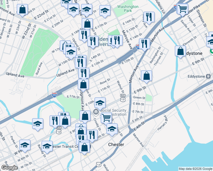 map of restaurants, bars, coffee shops, grocery stores, and more near 1109 Potter Street in Chester