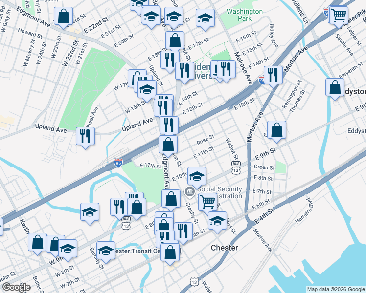 map of restaurants, bars, coffee shops, grocery stores, and more near 1143 Madison Street in Chester