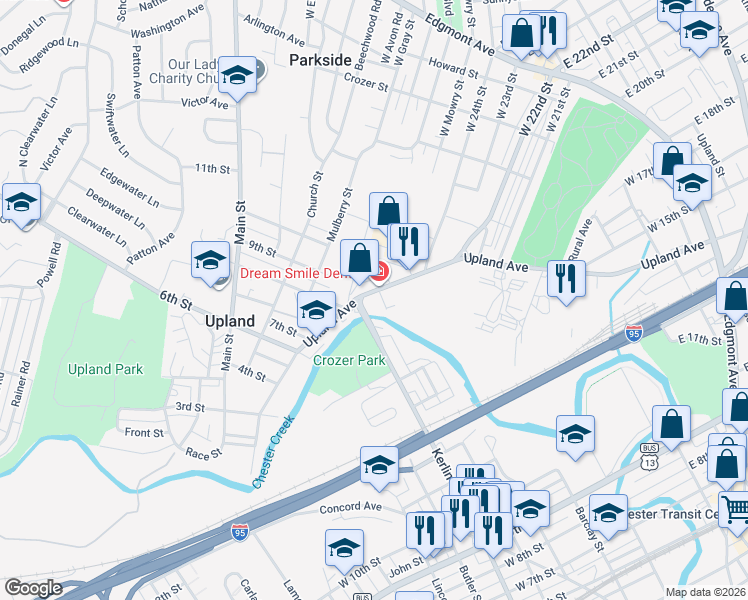 map of restaurants, bars, coffee shops, grocery stores, and more near 812 Upland Avenue in Chester