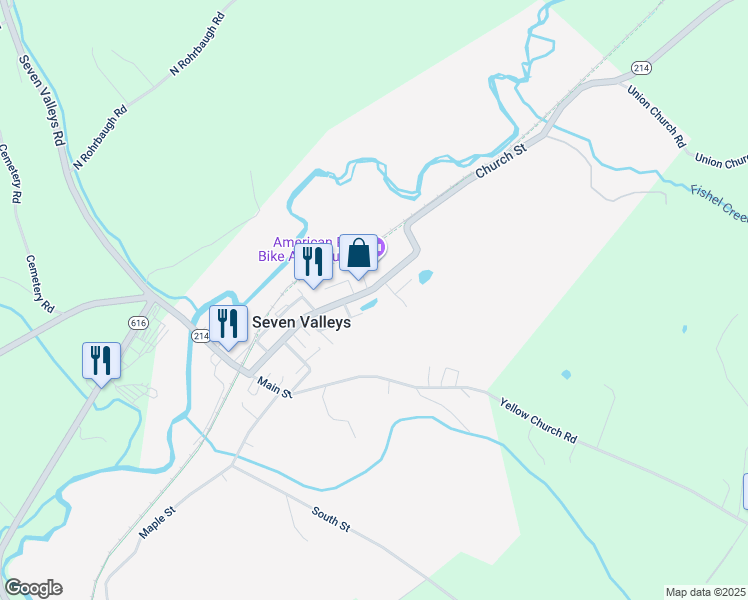 map of restaurants, bars, coffee shops, grocery stores, and more near 102 Church Street in Seven Valleys