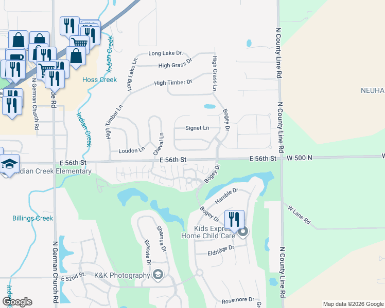 map of restaurants, bars, coffee shops, grocery stores, and more near 11623 Congressional Lane in Indianapolis