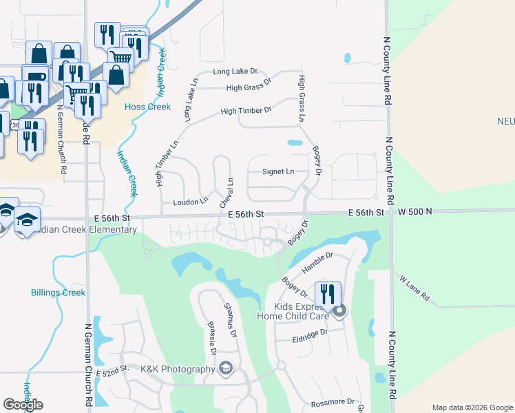map of restaurants, bars, coffee shops, grocery stores, and more near 11543 Congressional Lane in Indianapolis