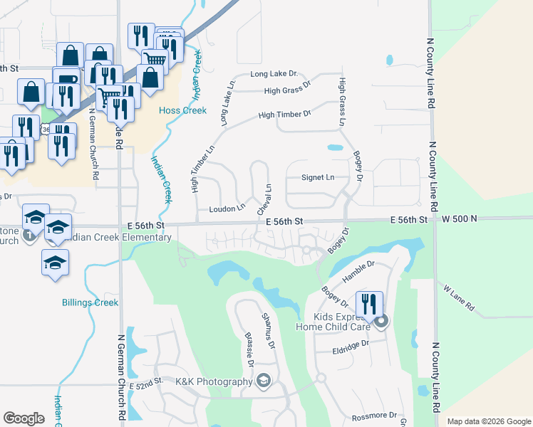 map of restaurants, bars, coffee shops, grocery stores, and more near 5631 Cheval Lane in Indianapolis