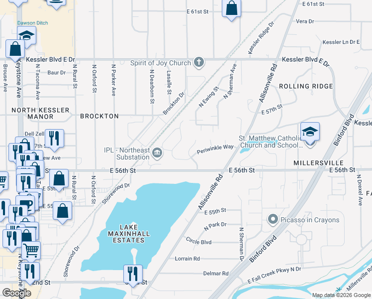 map of restaurants, bars, coffee shops, grocery stores, and more near 5626 Spindrift Lane in Indianapolis