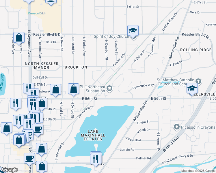map of restaurants, bars, coffee shops, grocery stores, and more near 5618 Mead Court in Indianapolis