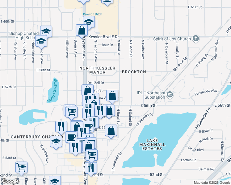 map of restaurants, bars, coffee shops, grocery stores, and more near 2727 East 57th Street in Indianapolis