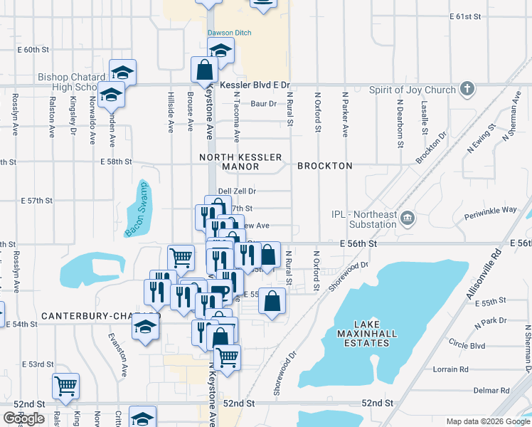 map of restaurants, bars, coffee shops, grocery stores, and more near 2531 East 57th Street in Indianapolis