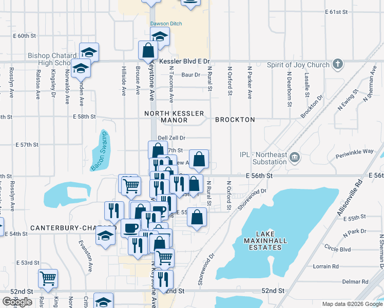map of restaurants, bars, coffee shops, grocery stores, and more near 2531 East 57th Street in Indianapolis