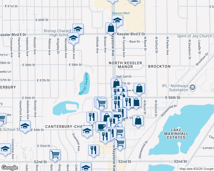 map of restaurants, bars, coffee shops, grocery stores, and more near 5654 North Keystone Avenue in Indianapolis