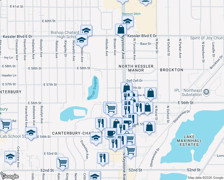 map of restaurants, bars, coffee shops, grocery stores, and more near 2211 East 57th Street in Indianapolis