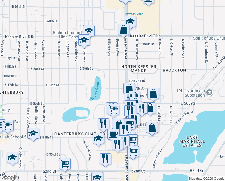 map of restaurants, bars, coffee shops, grocery stores, and more near 2211 East 57th Street in Indianapolis