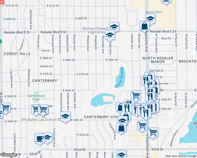 map of restaurants, bars, coffee shops, grocery stores, and more near 5633 Kingsley Drive in Indianapolis
