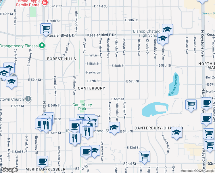 map of restaurants, bars, coffee shops, grocery stores, and more near 5649 Haverford Avenue in Indianapolis