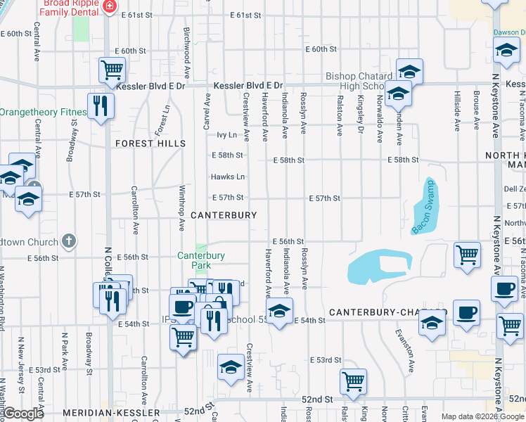 map of restaurants, bars, coffee shops, grocery stores, and more near 5649 Haverford Avenue in Indianapolis