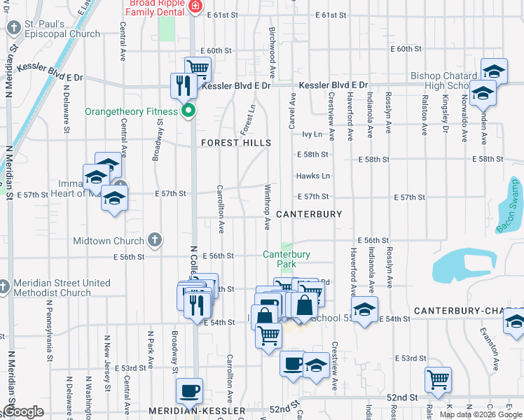 map of restaurants, bars, coffee shops, grocery stores, and more near 5666 Winthrop Avenue in Indianapolis