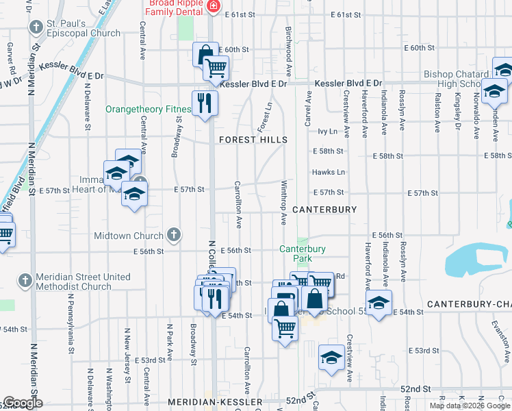map of restaurants, bars, coffee shops, grocery stores, and more near 5670 Guilford Avenue in Indianapolis