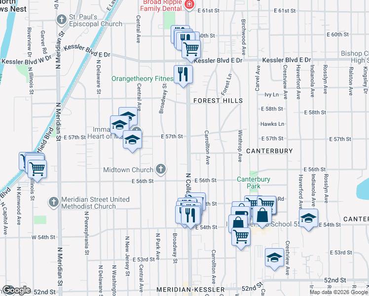 map of restaurants, bars, coffee shops, grocery stores, and more near 5680 North College Avenue in Indianapolis