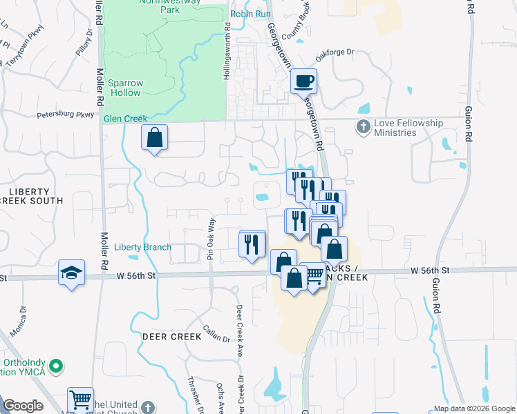 map of restaurants, bars, coffee shops, grocery stores, and more near 5755 Laurel Oak Place in Indianapolis