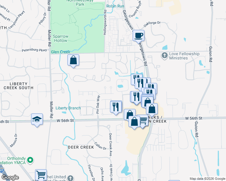 map of restaurants, bars, coffee shops, grocery stores, and more near 5755 Laurel Oak Place in Indianapolis