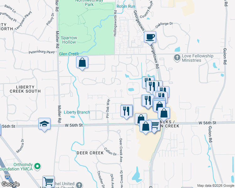 map of restaurants, bars, coffee shops, grocery stores, and more near 5762 Bur Oak Place in Indianapolis