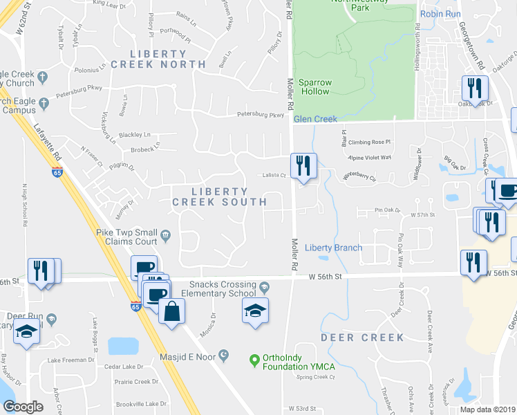 map of restaurants, bars, coffee shops, grocery stores, and more near 5747 Prestonwood Court in Indianapolis