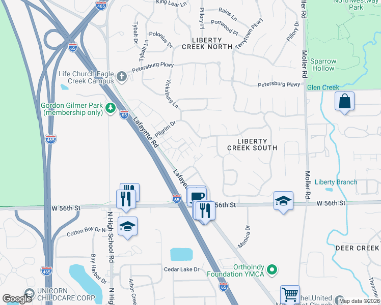map of restaurants, bars, coffee shops, grocery stores, and more near 5740 Philadelphia Court in Indianapolis