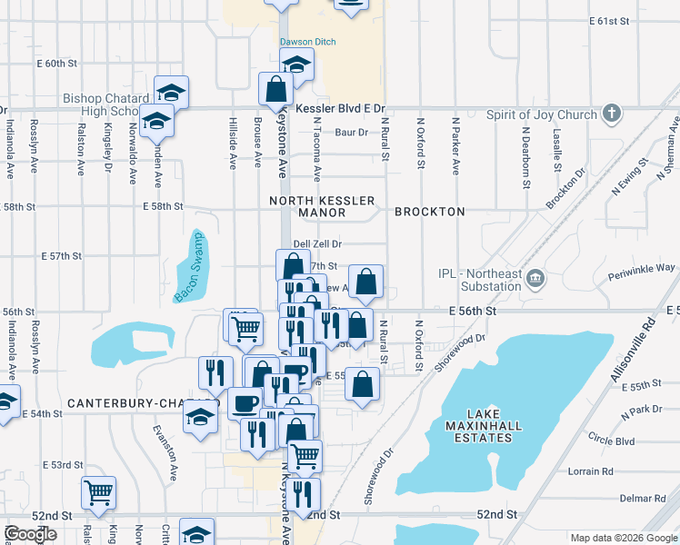 map of restaurants, bars, coffee shops, grocery stores, and more near 2531 East 57th Street in Indianapolis