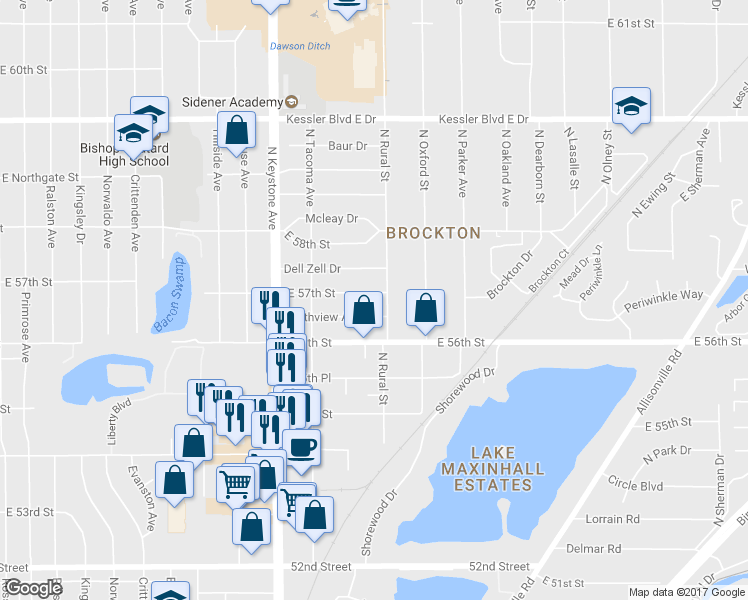 map of restaurants, bars, coffee shops, grocery stores, and more near 2727 East 57th Street in Indianapolis