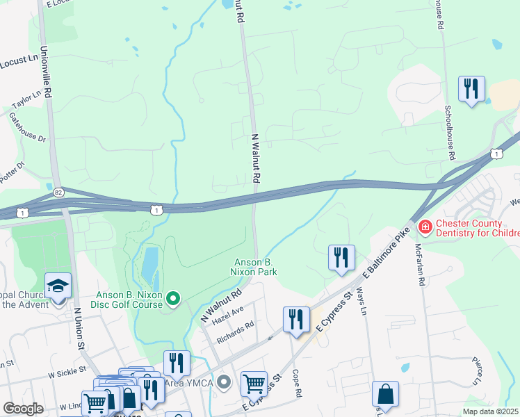 map of restaurants, bars, coffee shops, grocery stores, and more near 412 North Walnut Road in Kennett Square