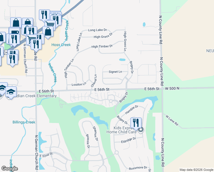 map of restaurants, bars, coffee shops, grocery stores, and more near 11543 Congressional Lane in Indianapolis