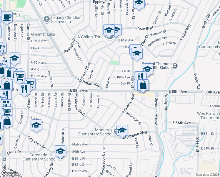 map of restaurants, bars, coffee shops, grocery stores, and more near 2041 East 88th Avenue in Thornton