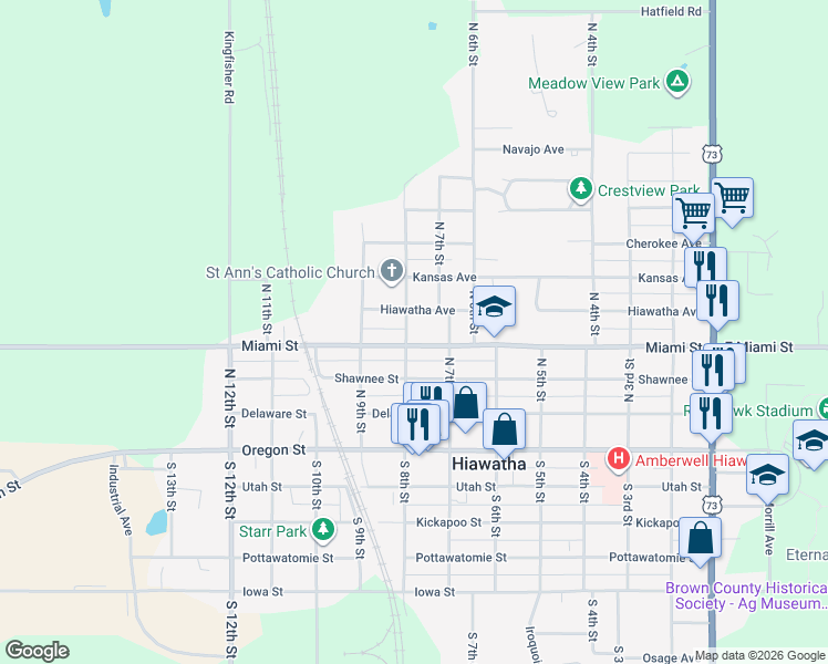 map of restaurants, bars, coffee shops, grocery stores, and more near 704 Miami Street in Hiawatha
