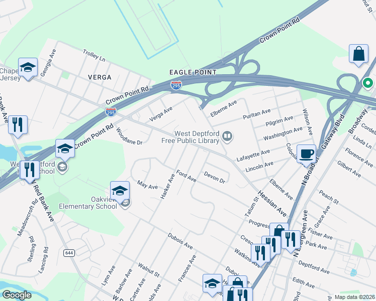 map of restaurants, bars, coffee shops, grocery stores, and more near 1180 Harker Avenue in Woodbury