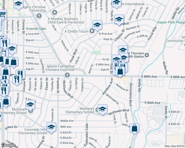 map of restaurants, bars, coffee shops, grocery stores, and more near 2041 East 88th Avenue in Thornton