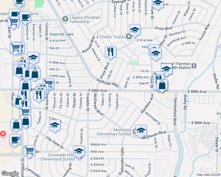 map of restaurants, bars, coffee shops, grocery stores, and more near 1751 East 88th Avenue in Thornton