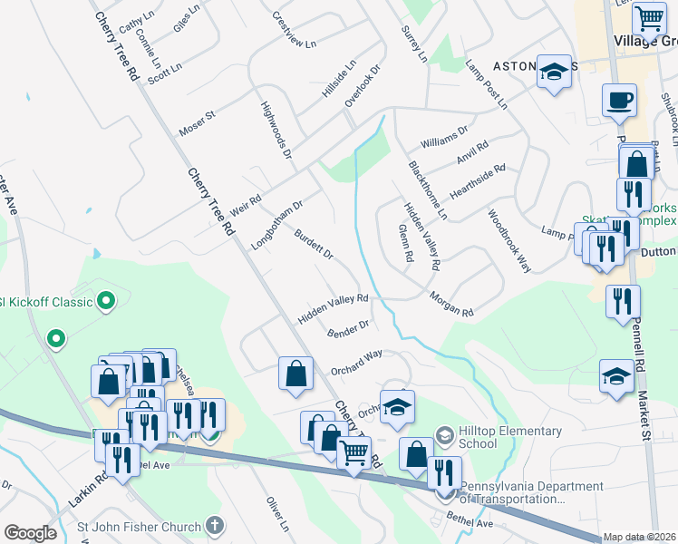 map of restaurants, bars, coffee shops, grocery stores, and more near 726 Burdett Drive in Aston