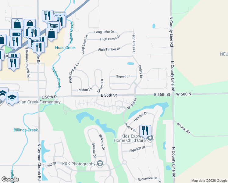 map of restaurants, bars, coffee shops, grocery stores, and more near 11543 Congressional Lane in Indianapolis