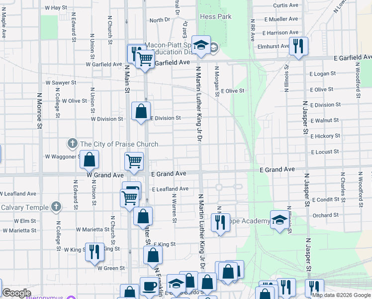 map of restaurants, bars, coffee shops, grocery stores, and more near 401-599 East Center Street in Decatur