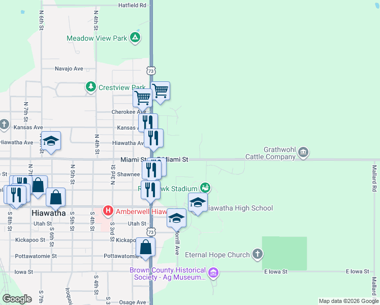 map of restaurants, bars, coffee shops, grocery stores, and more near 202 Miami Street in Hiawatha