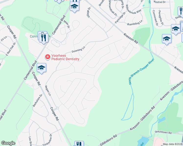 map of restaurants, bars, coffee shops, grocery stores, and more near 117 Bunning Drive in Voorhees Township
