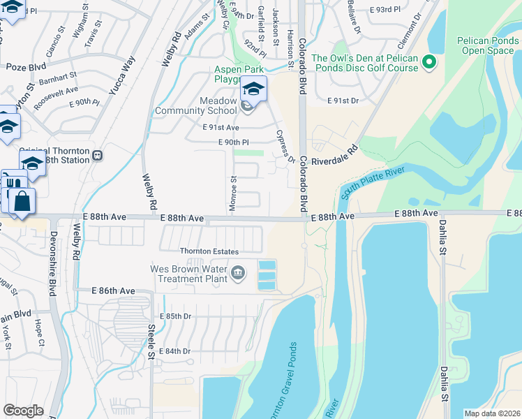 map of restaurants, bars, coffee shops, grocery stores, and more near 3726 East 88th Circle North in Thornton