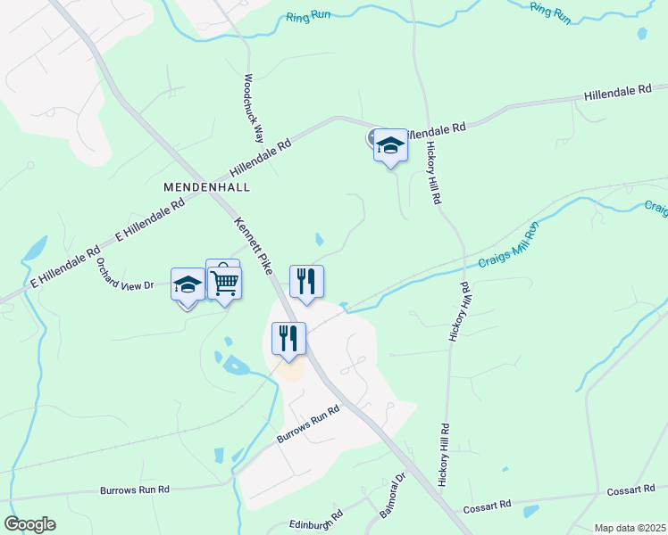 map of restaurants, bars, coffee shops, grocery stores, and more near 100 Timber Ridge Lane in Chadds Ford