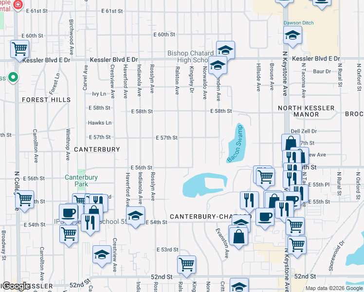 map of restaurants, bars, coffee shops, grocery stores, and more near 5651 Ralston Avenue in Indianapolis