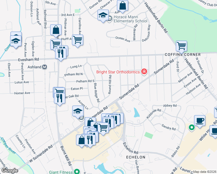 map of restaurants, bars, coffee shops, grocery stores, and more near 106 Round Hill Road in Voorhees Township