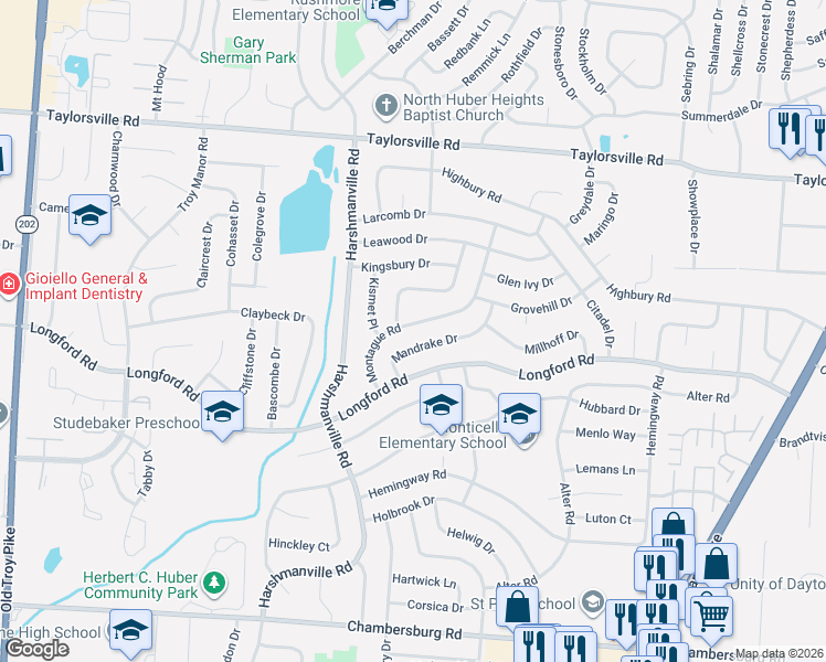 map of restaurants, bars, coffee shops, grocery stores, and more near 7152 Montague Road in Dayton