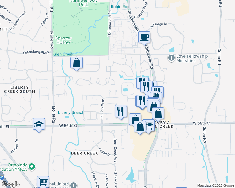 map of restaurants, bars, coffee shops, grocery stores, and more near 5755 Laurel Oak Place in Indianapolis
